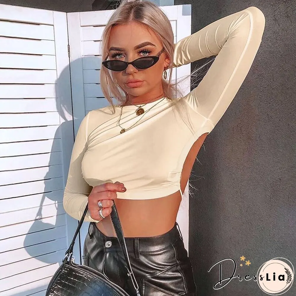 Womens sexy harajuku open back t-shirt long sleeve top crop female summer casual tops