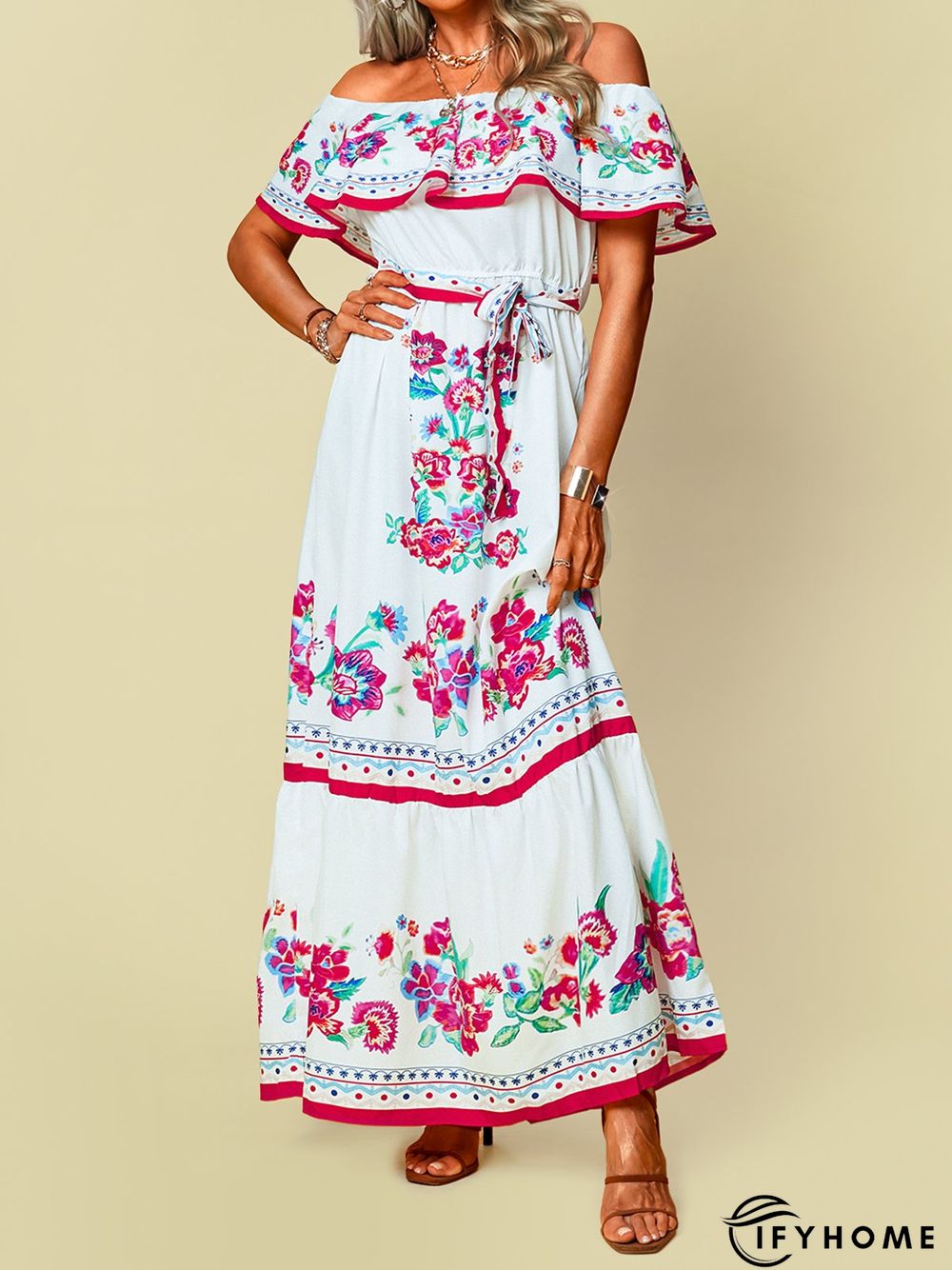 Off Shoulder Floral-Print Swing Cold Shoulder Weaving Dress | IFYHOME