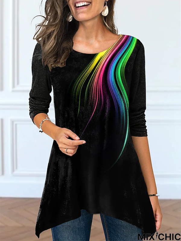 Crew Neck Abstract Long sleeve Casual Tunic T-Shirt