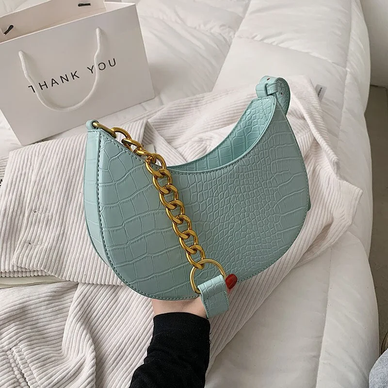 էѧӧܧ Stone Pattern Small PU Leather Saddle Crossbody Bags 2021 Summer Luxury Brand Chain Shoulder Handbags and Purses