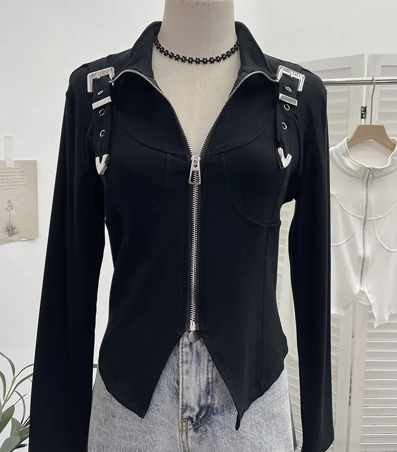 Churchf Real Shooting Irregular Zipper Collar Short Small Coat With Long Sleeves And Bottom Shirt 2680