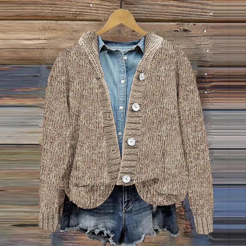 Vintage Solid Button Hooded Knitted Cardigan