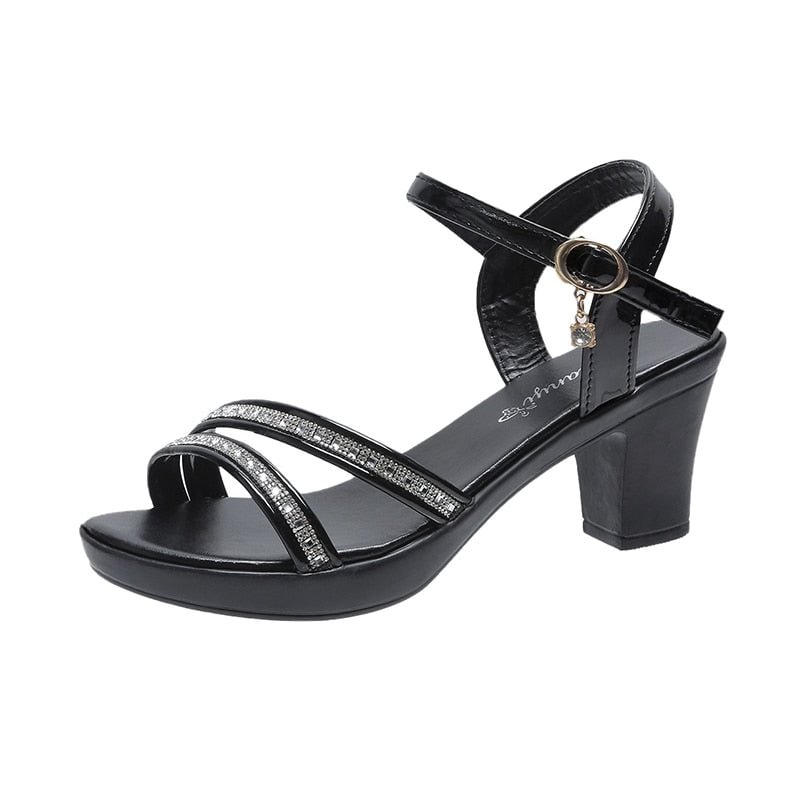 2021 New Thick Heel Sandals Women's Summer Fish Mouth Women's Shoes Rhinestone High Heels Women's Black Mother Shoes Women