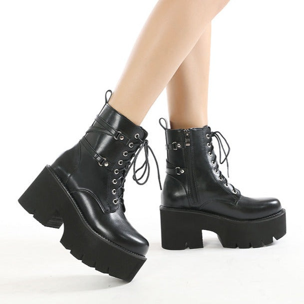 Women's gothic black combat boots chunky platform lace-up booties