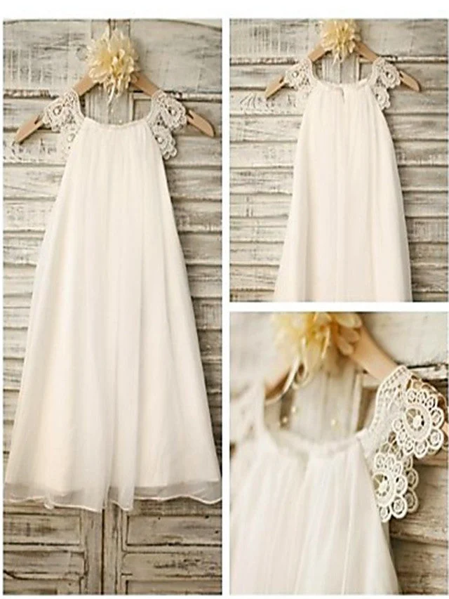 Hellodresses Sleeveless Jewel Neck A-Line Tea Length Flower Girl Dress Satin With Lace