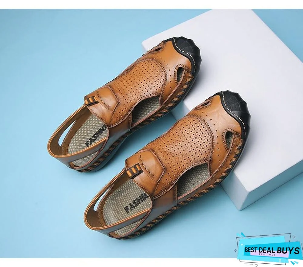 Men's Cow Leather Sandals Summer Beach Flat Non-Slip Sandals
