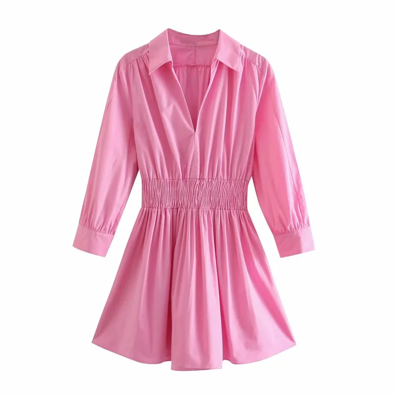 Zevity 2021 Women Fashion Pink Color Pleat High Elastic Waist Poplin Shirt Dress Chic Female Three Quarter Sleeve Vestido DS8364