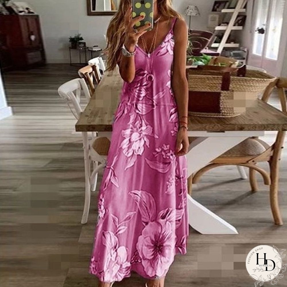 Summer Dresses Fashion Clothes Women's Plus Size Dresses Casual V-neck Sleeveless Maxi Dresses Ladies L Loose Cotton Dress Party Wear Floral Printed Halter Beach Dress