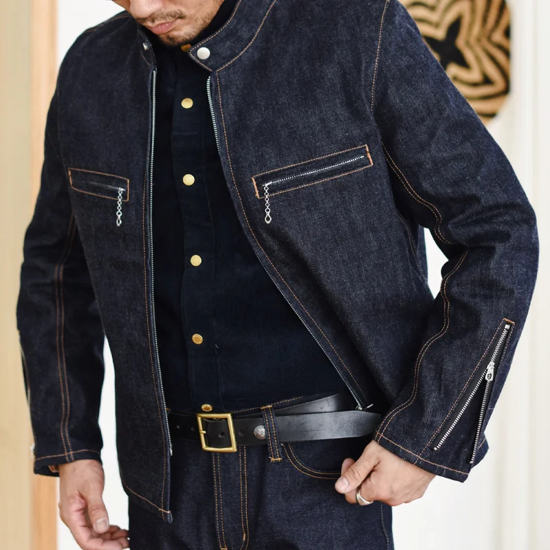 Vintage Cotton Red Ear Denim Zipper Stand Collar Jacket