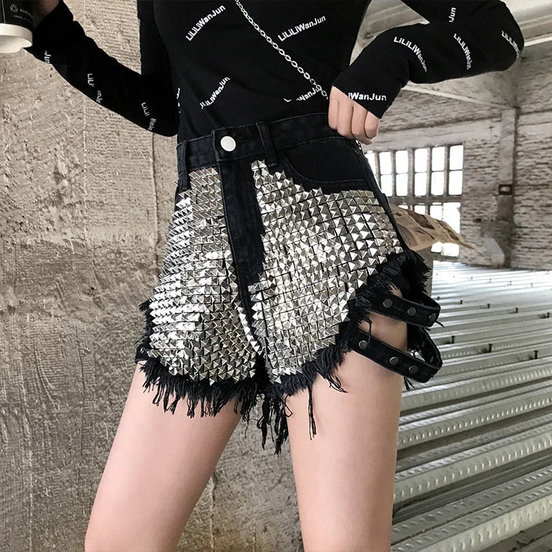 Sonicelife Summer Denim Shorts Women Fashion Solid Shorts Lady Rivet Patchwork High Waist Hollow Out Denim Shorts Female