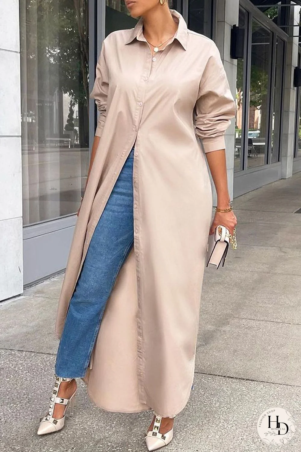 Khaki Casual Solid Patchwork Buckle Turndown Collar Tops
