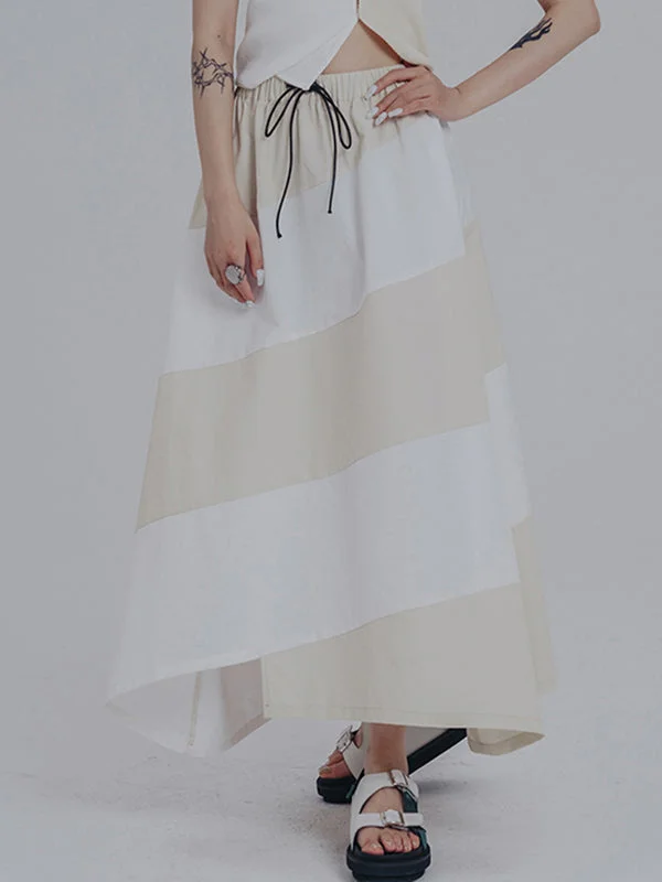 Simple Drawstring Waisted Contrast Color A-Line Skirt