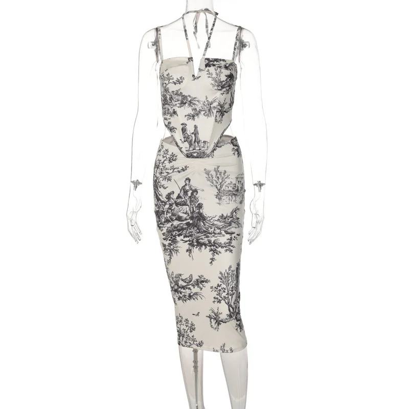 Uveng Uveng Vintage Style Slim Print Skirt Two-Piece Fashion Suit Girl