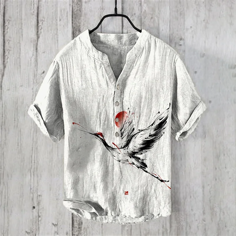 Men'S Japanese Art Linen V-Neck Shirt