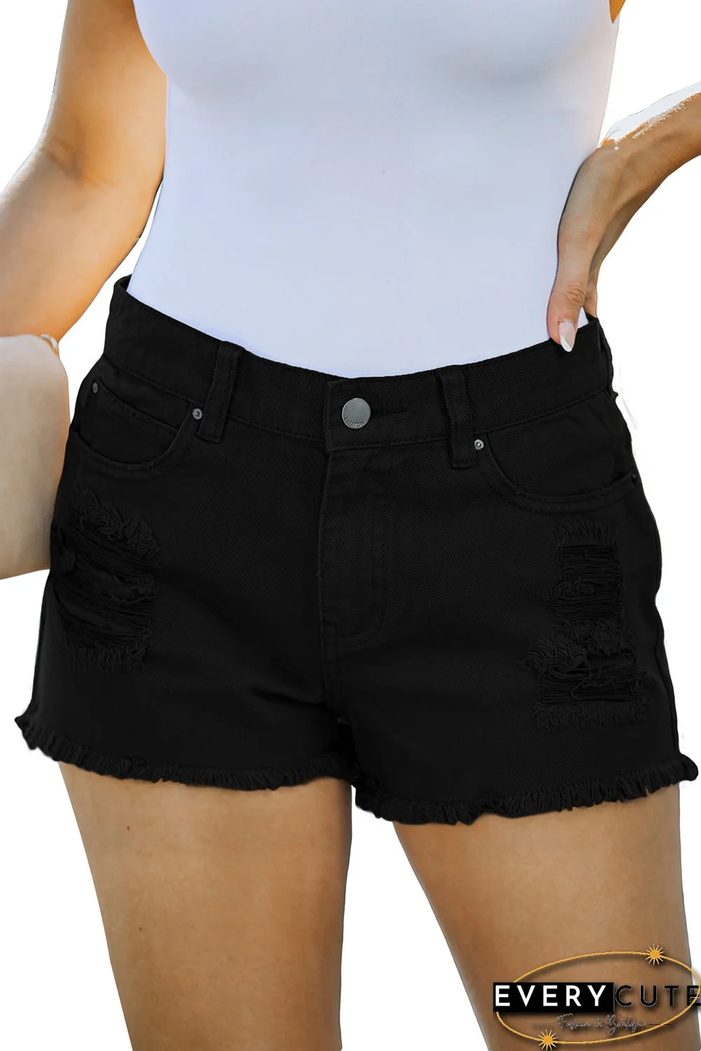 Black Distressed Tasseled Denim Shorts