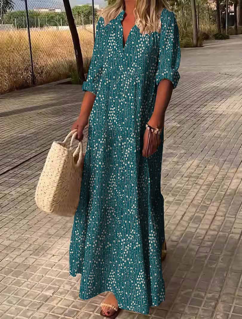 Women Floral, Green, White DZDN0828 SPU Printed Long Sleeve V-neck Maxi Dress