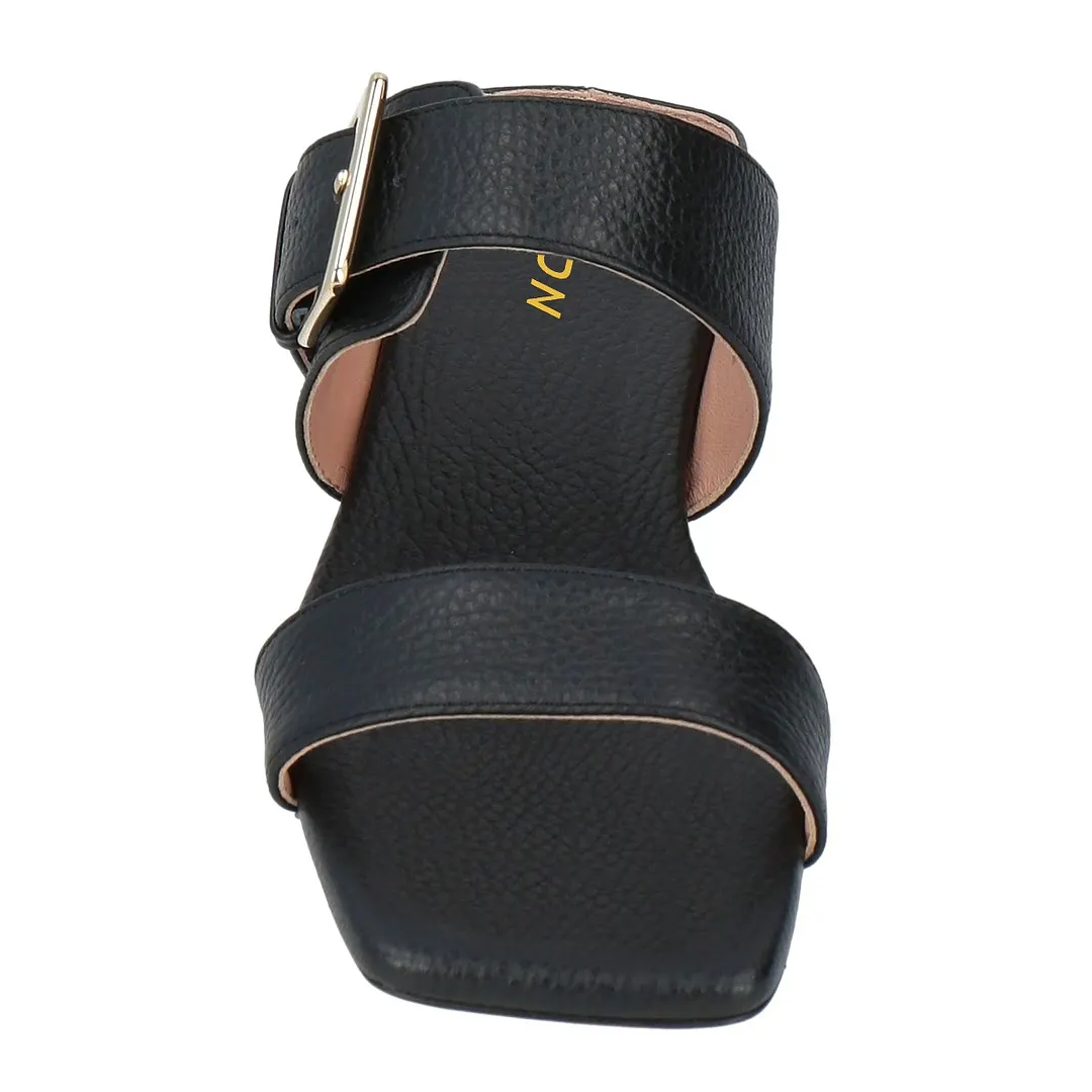 Elegant Square Toe Flat Buckled Slip On Black Sandals for Women