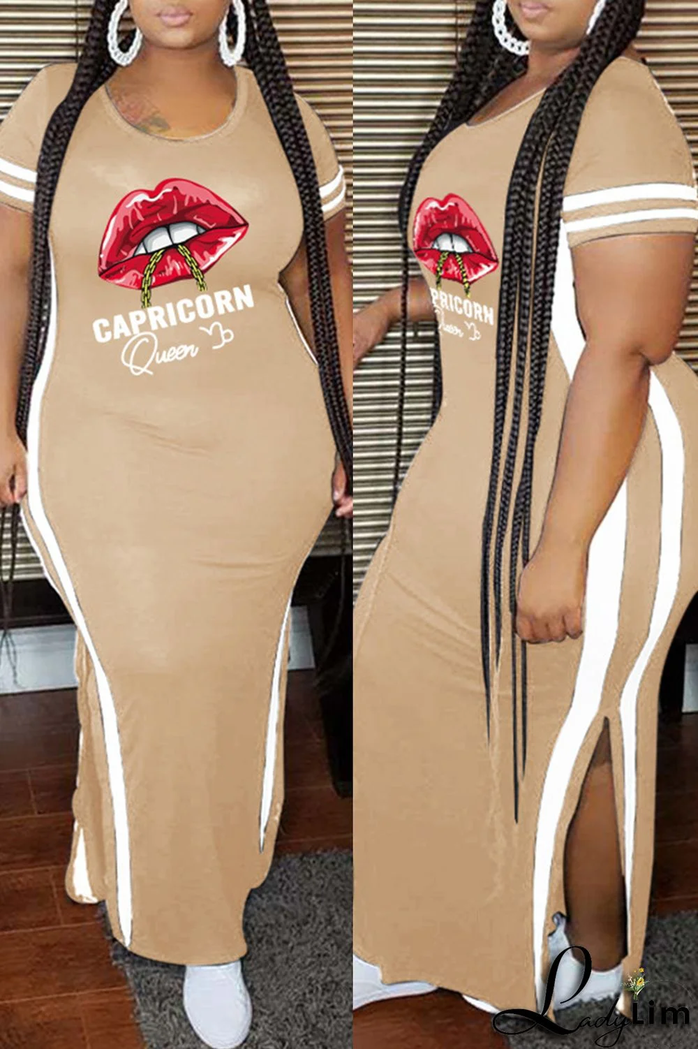 Pink Fashion Casual Plus Size Lips Printed Split Joint Slit O Neck Short Sleeve Dress