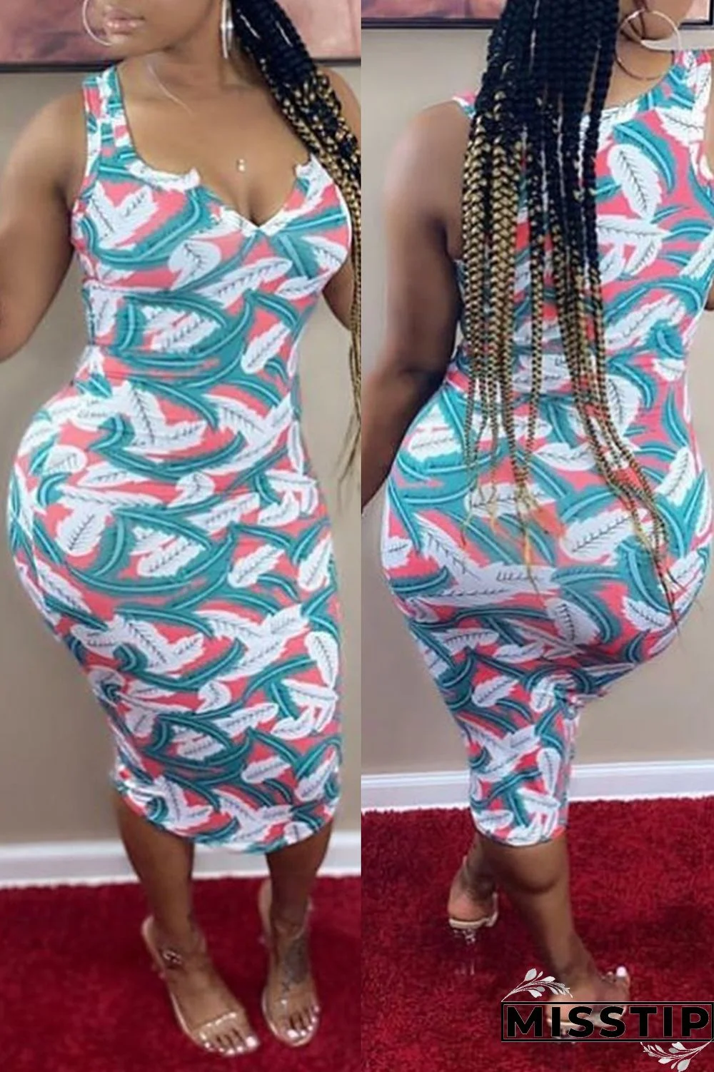 Sky Blue Fashion Sexy Print Basic V Neck Vest Dress