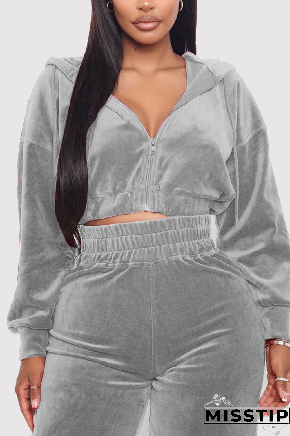 Grey Casual Flocking Solid Pants Zipper Collar Long Sleeve Regular Sleeve Short Two Pieces