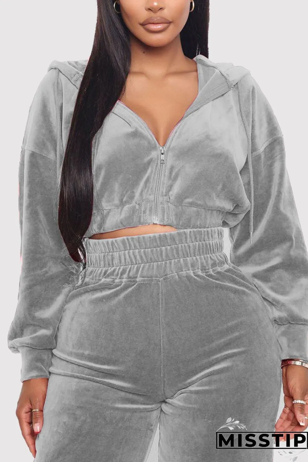 Grey Casual Flocking Solid Pants Zipper Collar Long Sleeve Regular Sleeve Short Two Pieces