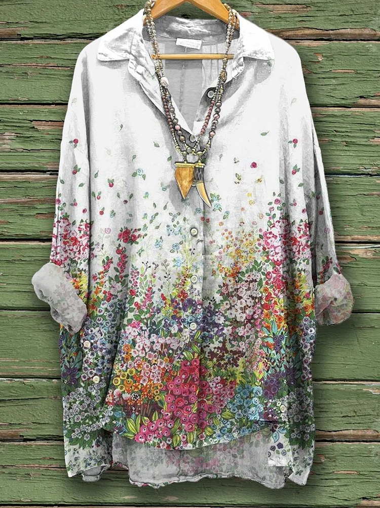 Women's Flower Gardens Print Casual Cotton And Linen Shirt