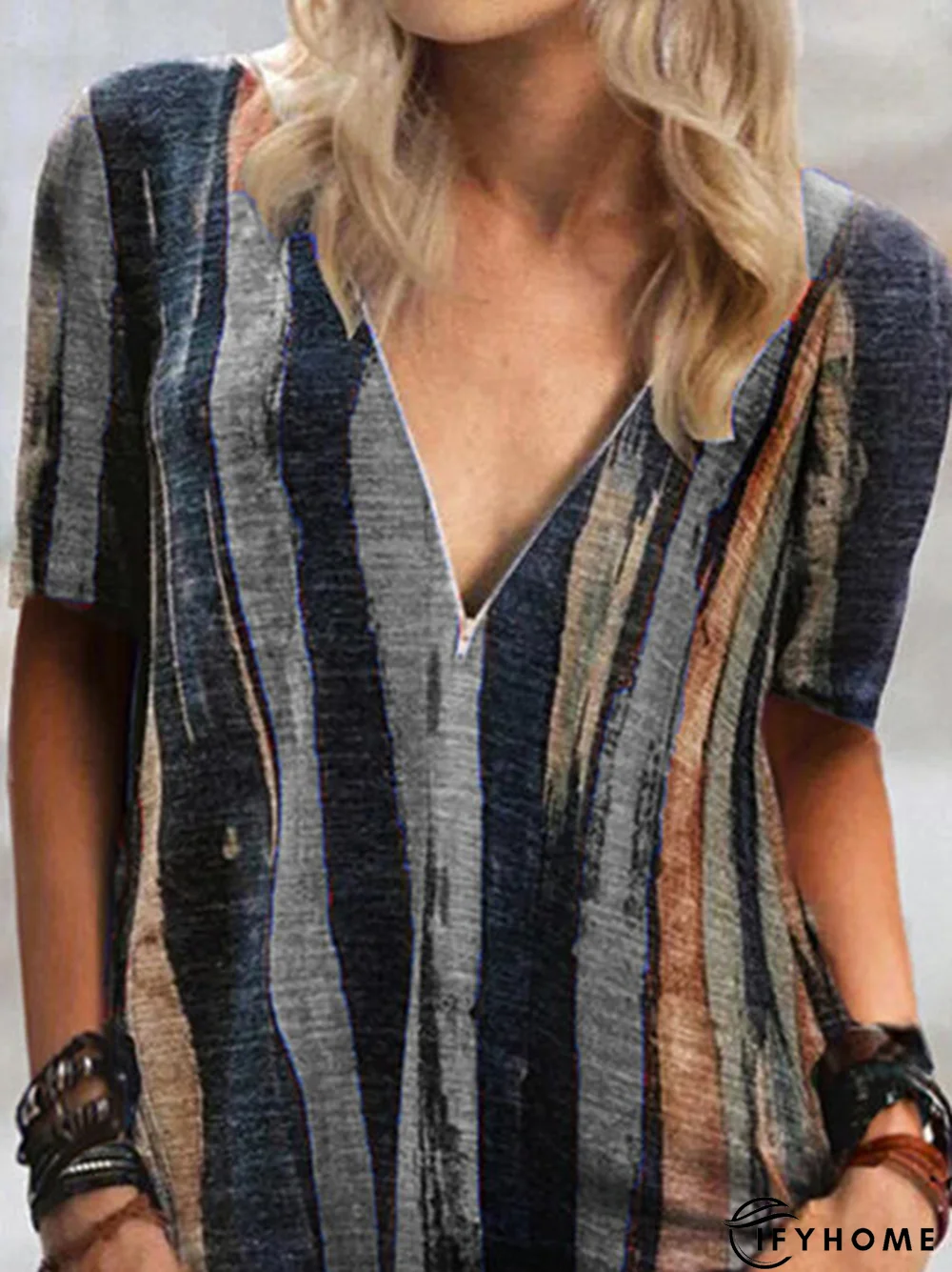 Color-block V Neck Casual Short Sleeve T-shirt | IFYHOME