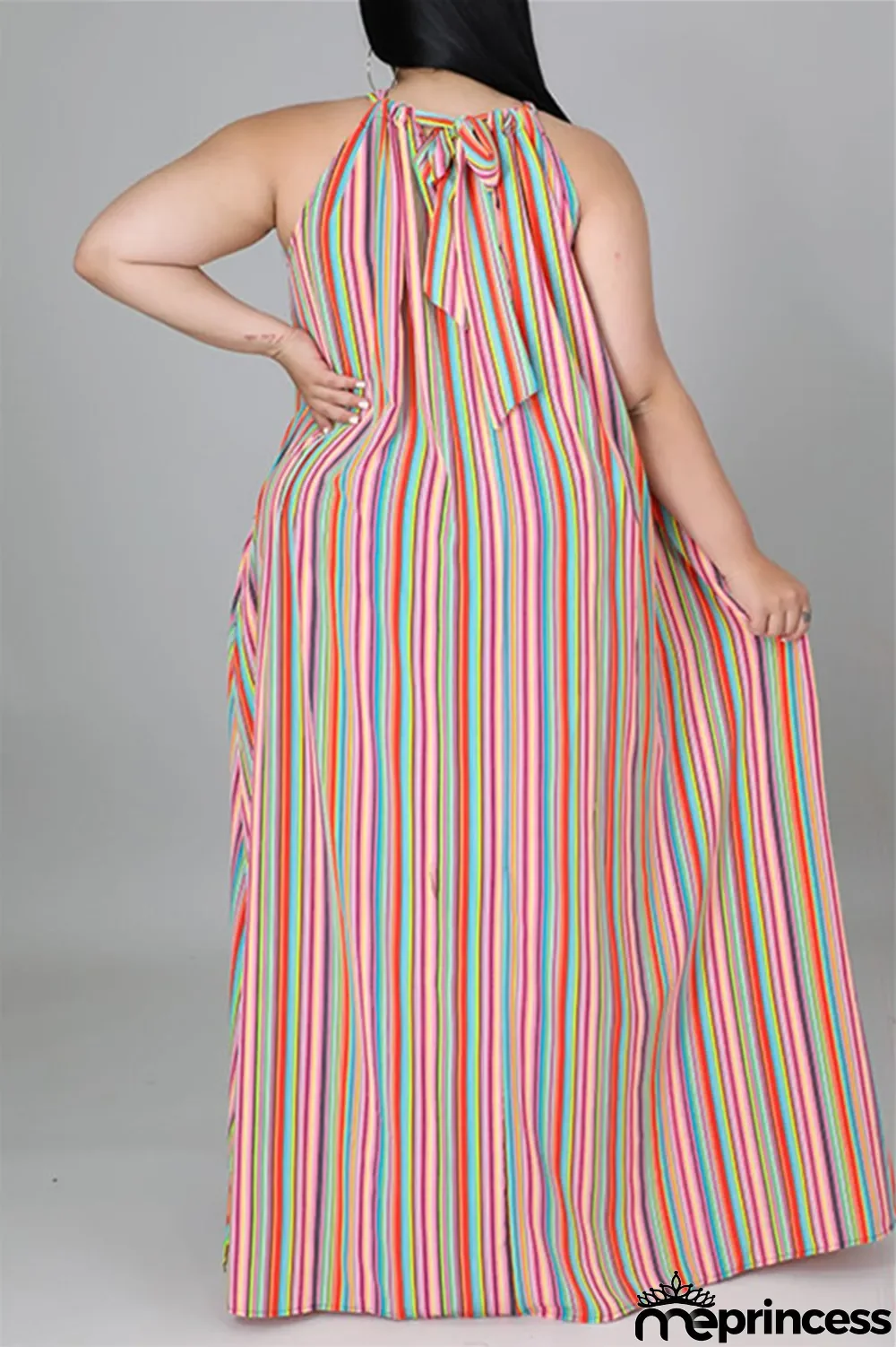 Light Blue Fashion Casual Plus Size Striped Print Backless O Neck Sleeveless Dress