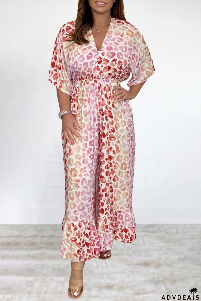 Bohemian College Print Backless V Neck Loose Jumpsuits