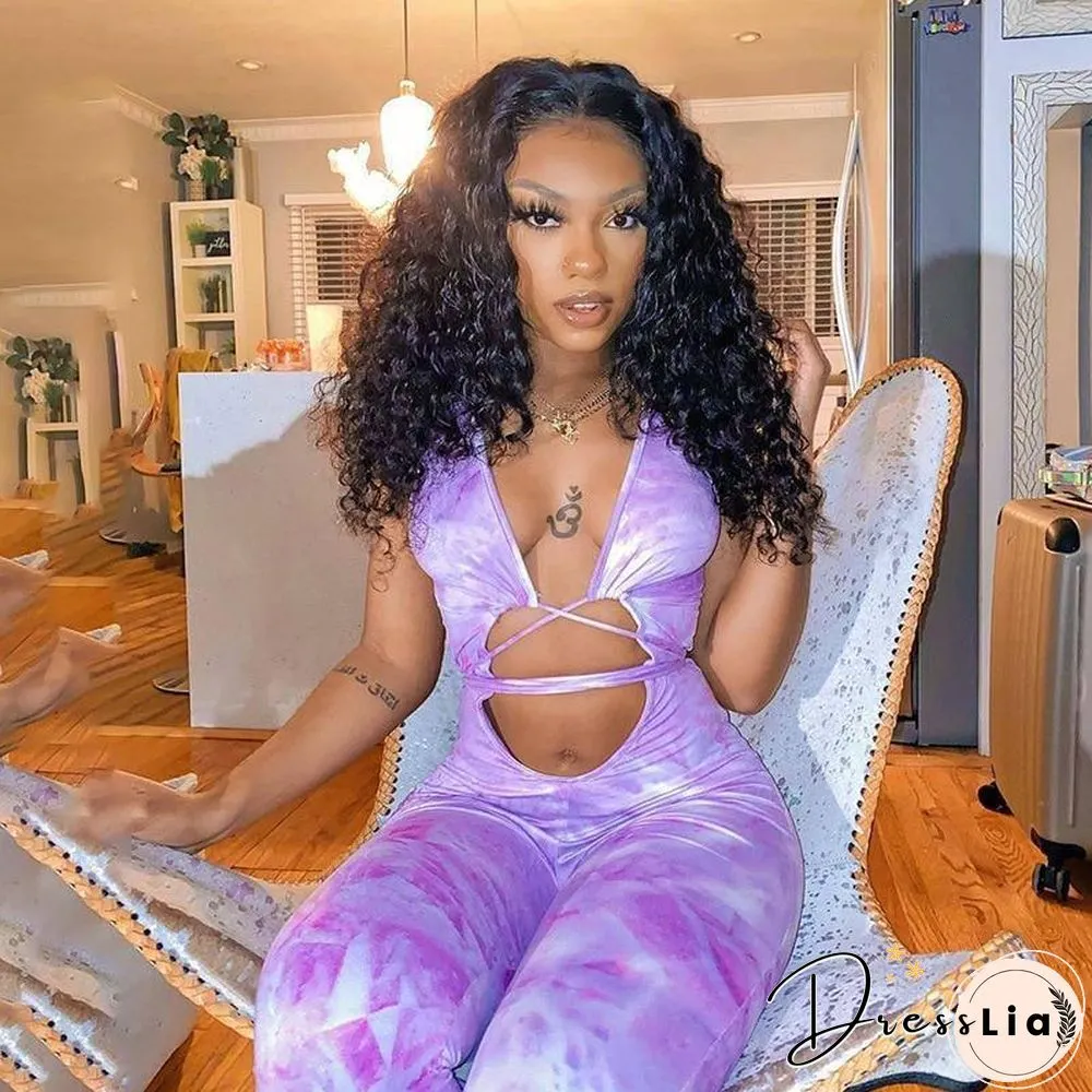 Tie-Dyeing Print Jumpsuit Rompers Sexy Women Deep V-Neck Hollow Long Pants Trousers Summer