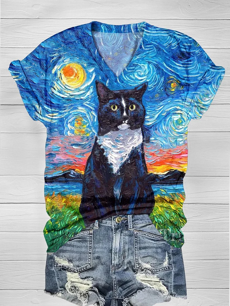 Cat  Art Print Casual  T-shirt