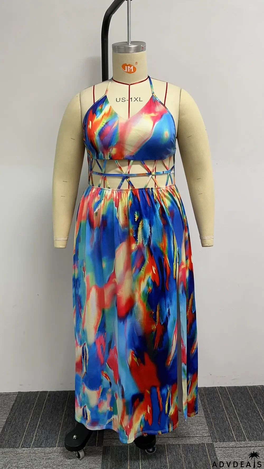 Sexy Loose Printed Hollow Hanging Neck Slit Dress