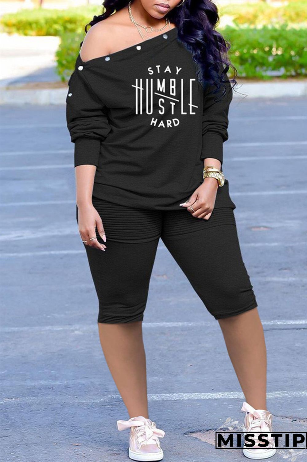 Grey Fashion Casual Print Basic Oblique Collar Long Sleeve Two Pieces