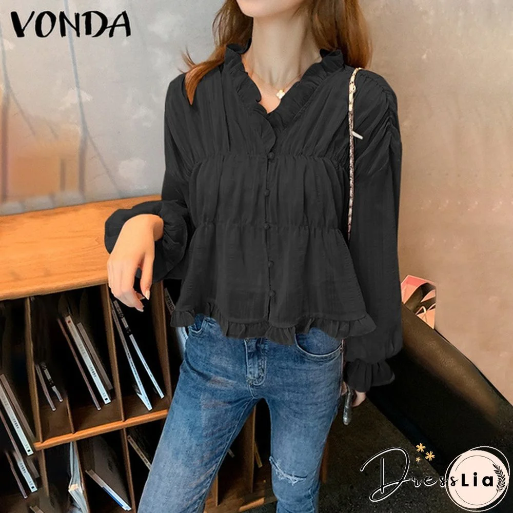 Women Elegant V Neck Flare Sleeve Button Up Shirts Blouse S-5XL Solid Color Pleated Ruffled Hem Lace Tops