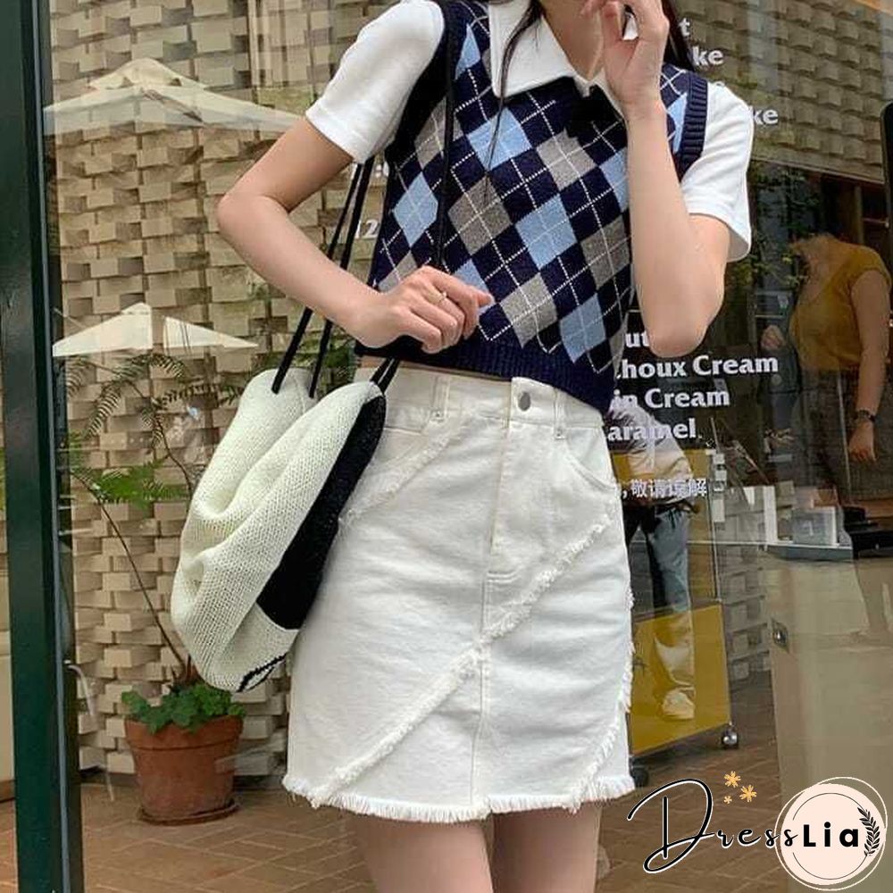 Checkered Cropped Knitted Tank Argyle Sleeveless Jumper