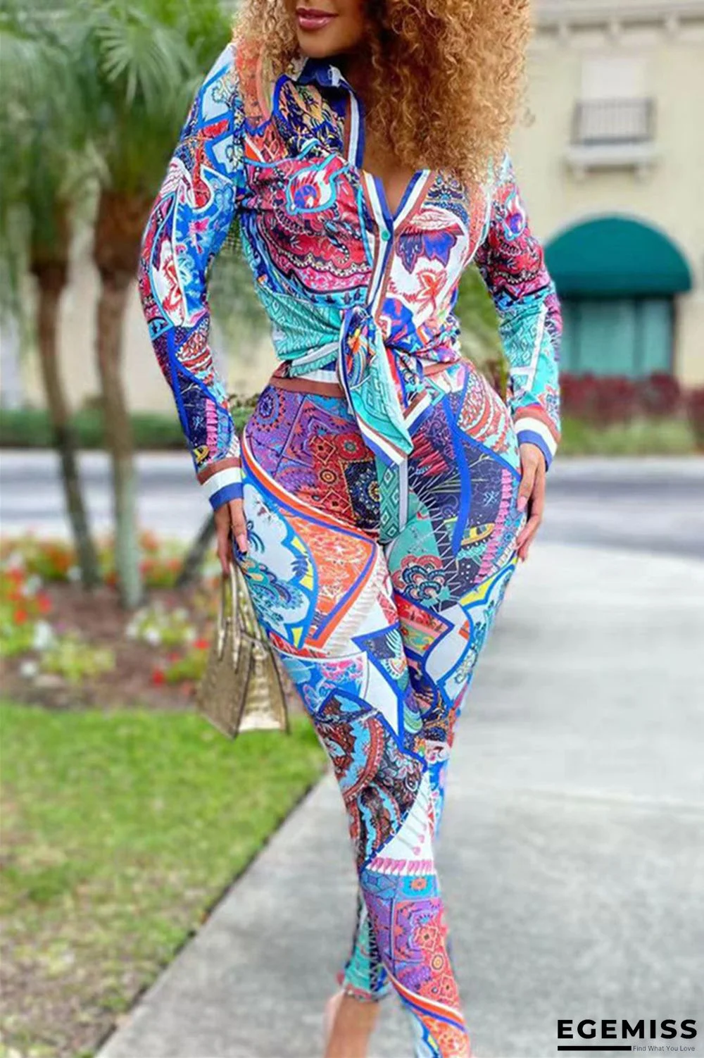 Blue Fashion Casual Print Basic Turndown Collar Long Sleeve Two Pieces | EGEMISS