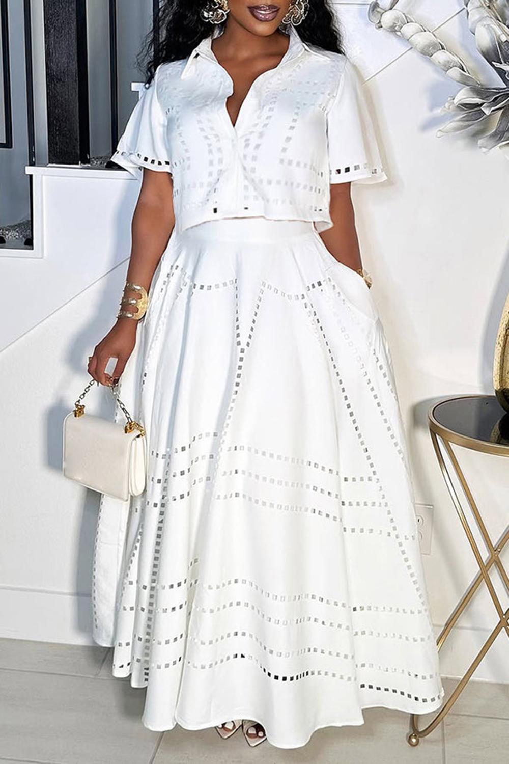 Plus Size Vacation White Shirt Collar Short Sleeve Cut Out Pocket Two ...