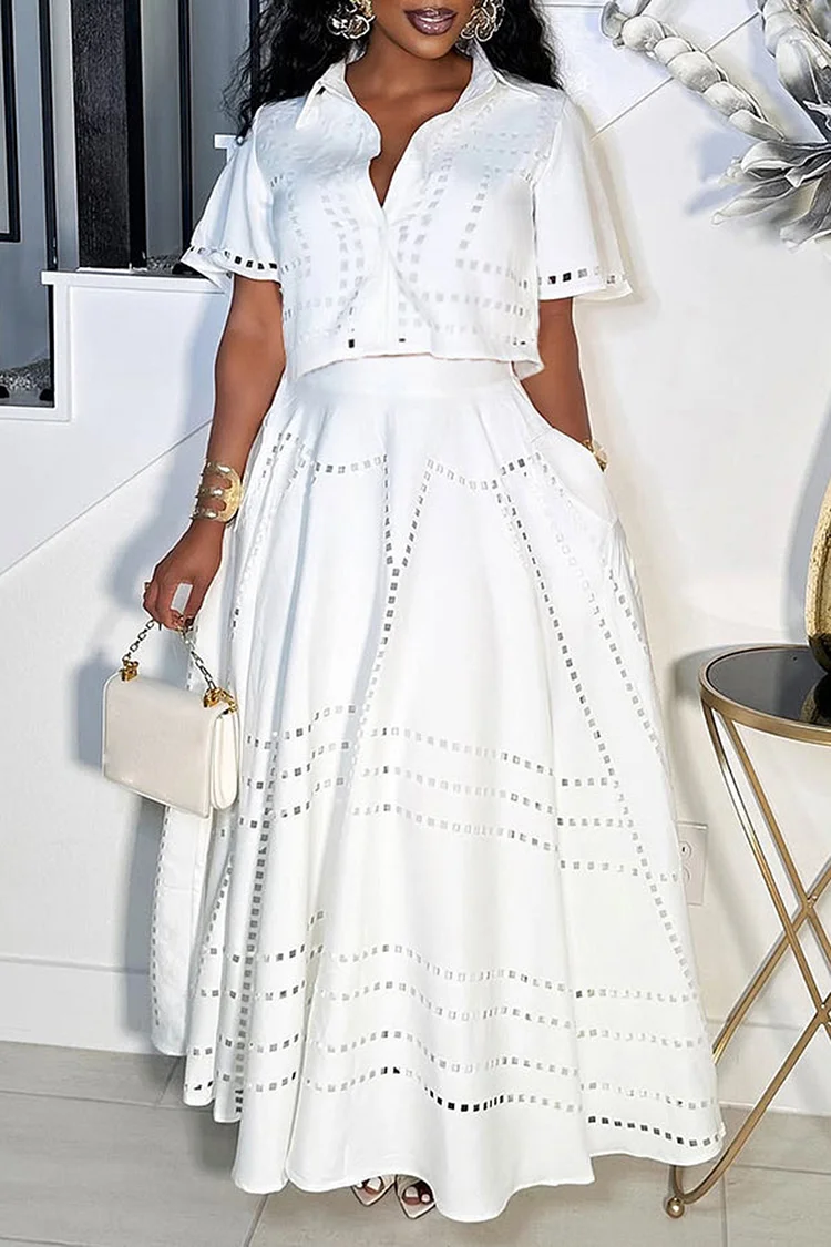 Plus Size Vacation White Shirt Collar Short Sleeve Cut Out Pocket Two Piece Skirt Sets [Pre-Order] 2024 - Xpluswear