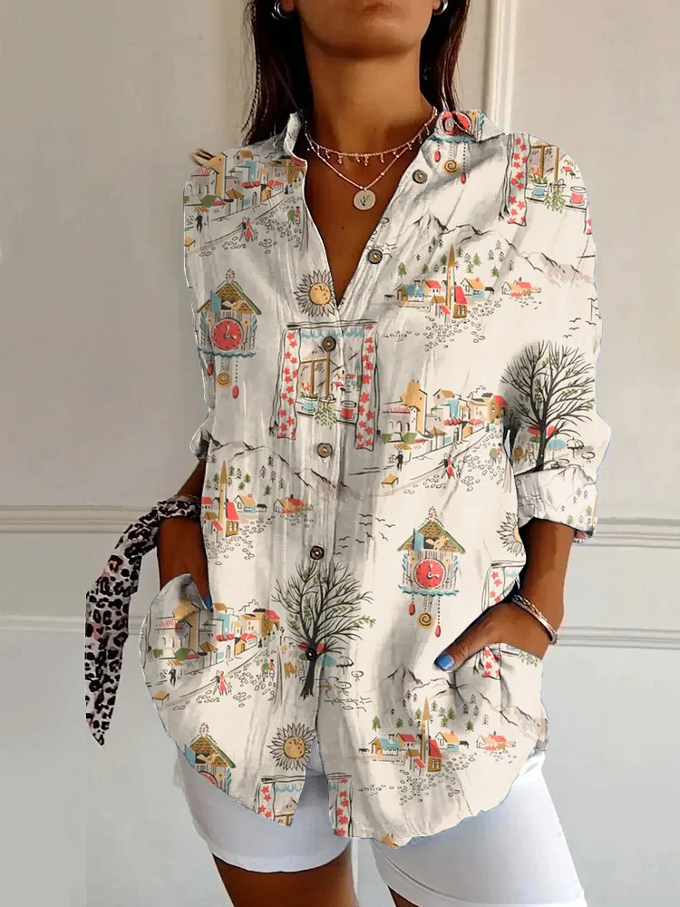Vintage Print Casual Long Sleeve Shirt