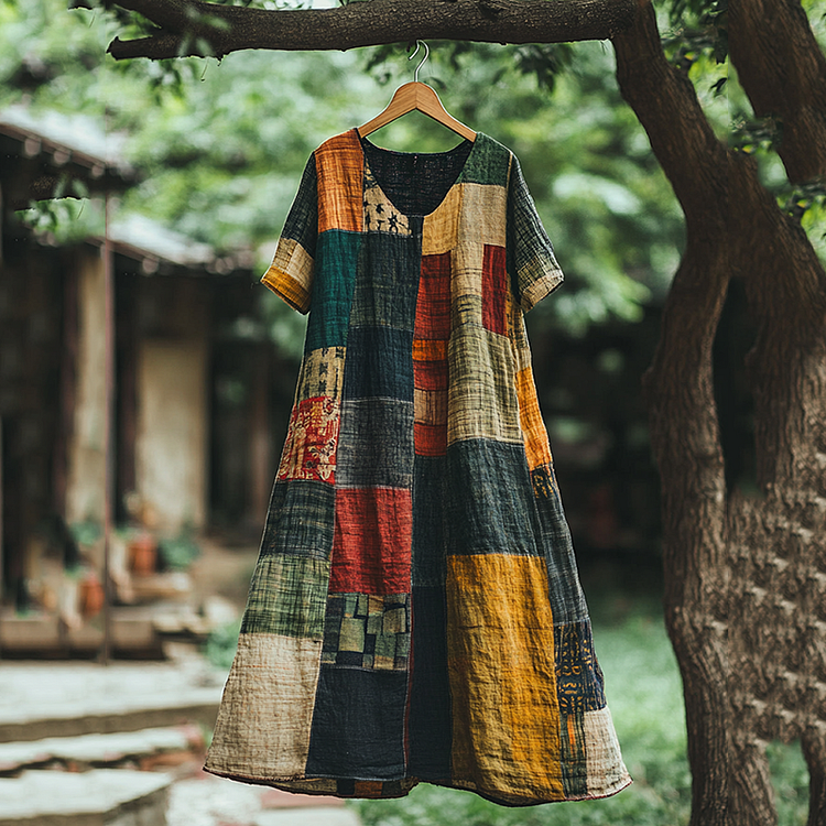 Simpfit Vintage Farbblock V-Ausschnitt Nachahmung aus Nachahmung aus Baumwolle und Leinen Midikleid