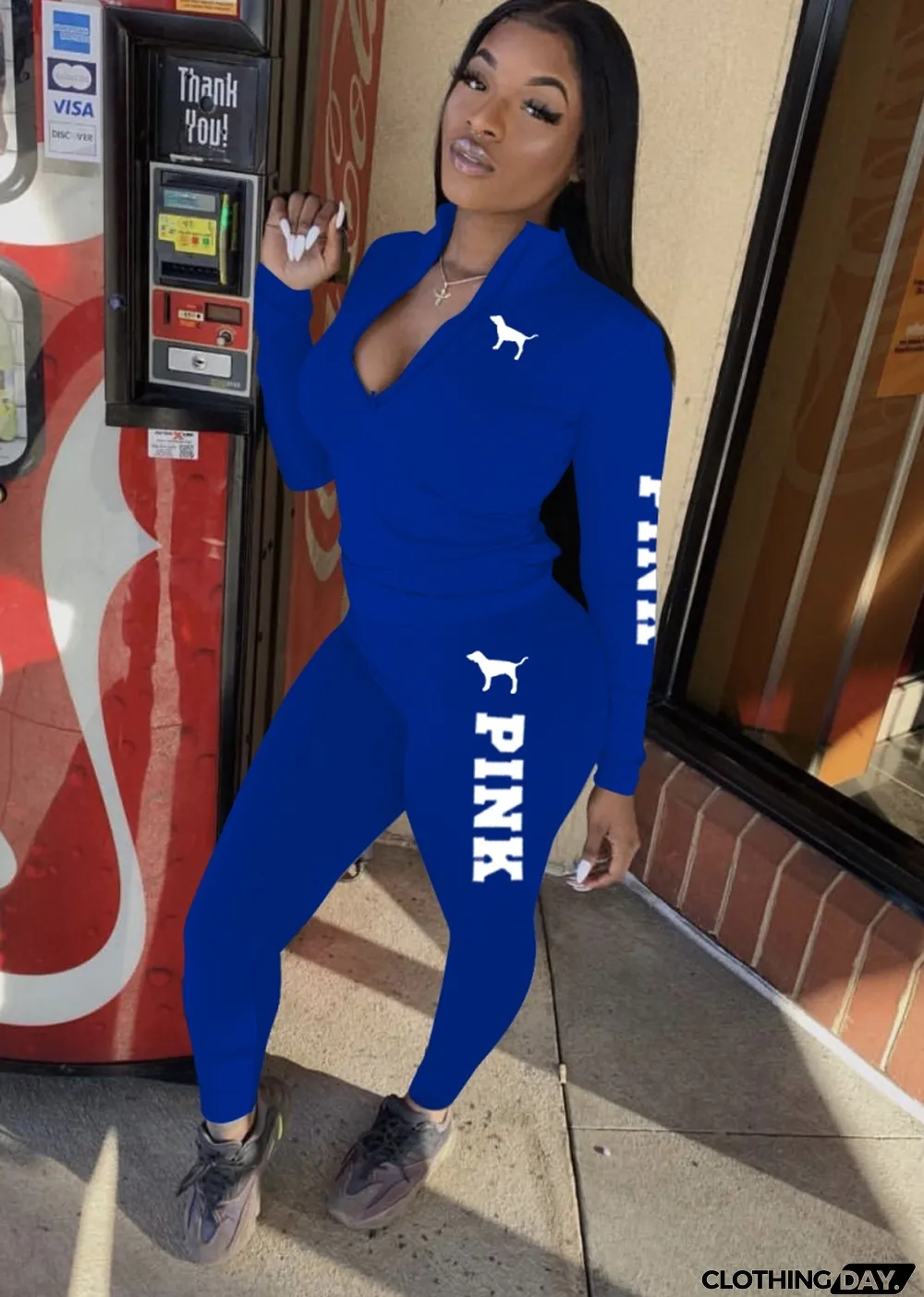 Spring Blue Print Tight Hoody Two Piece Pant Set Tracksuit