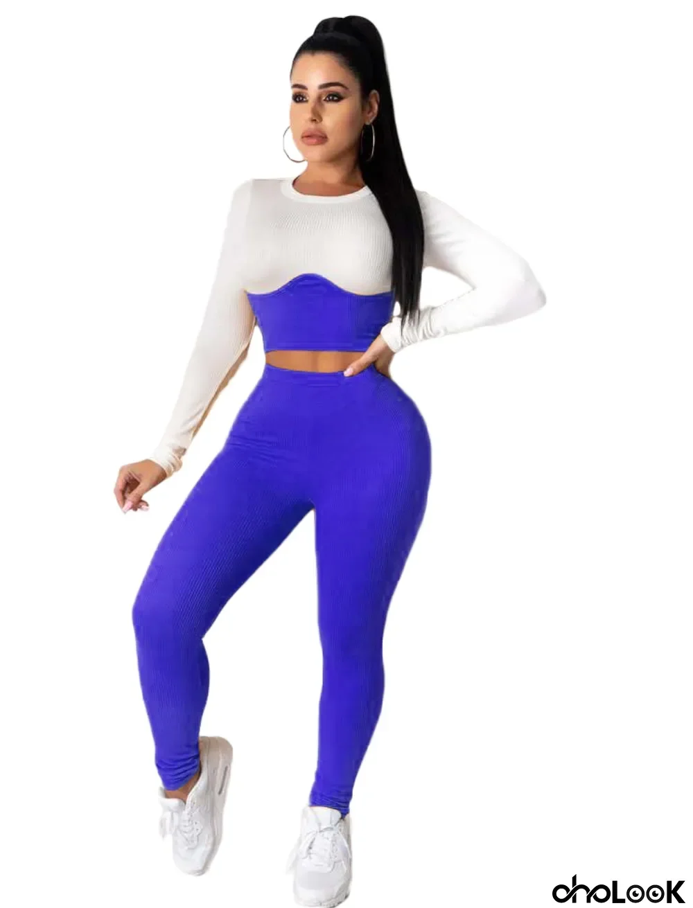 Sexy Two Piece Contrast Bodycon Crop Top and High Waist Pants Set