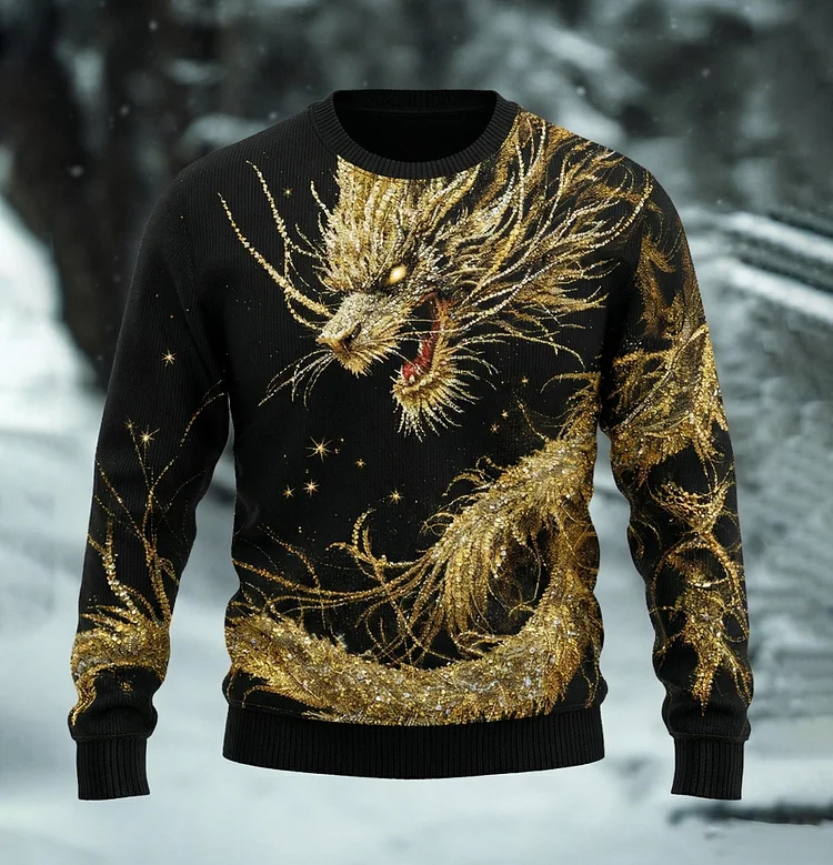 Golden Dragon Pattern Men's Cozy Sweater
