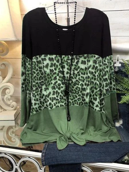 Crewneck Pullover Leopard Print Green Loose Cotton Women's T-shirt