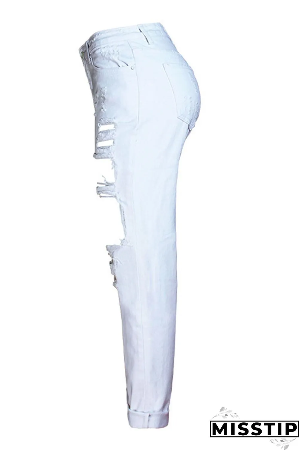 White Chic Broken Holes Denim Pants