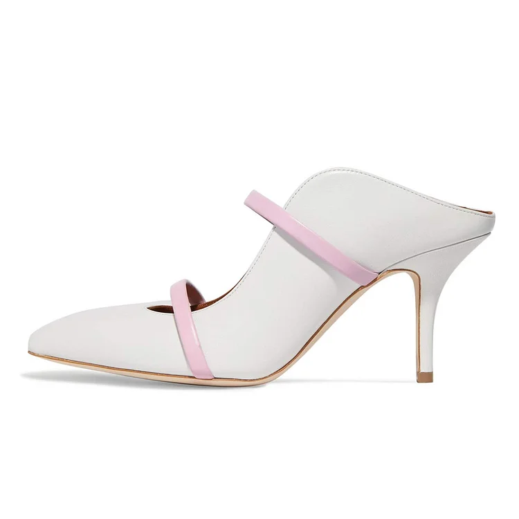 White Pointy Toe Stiletto Gold Straps Heel Mules Pumps |FSJ Shoes