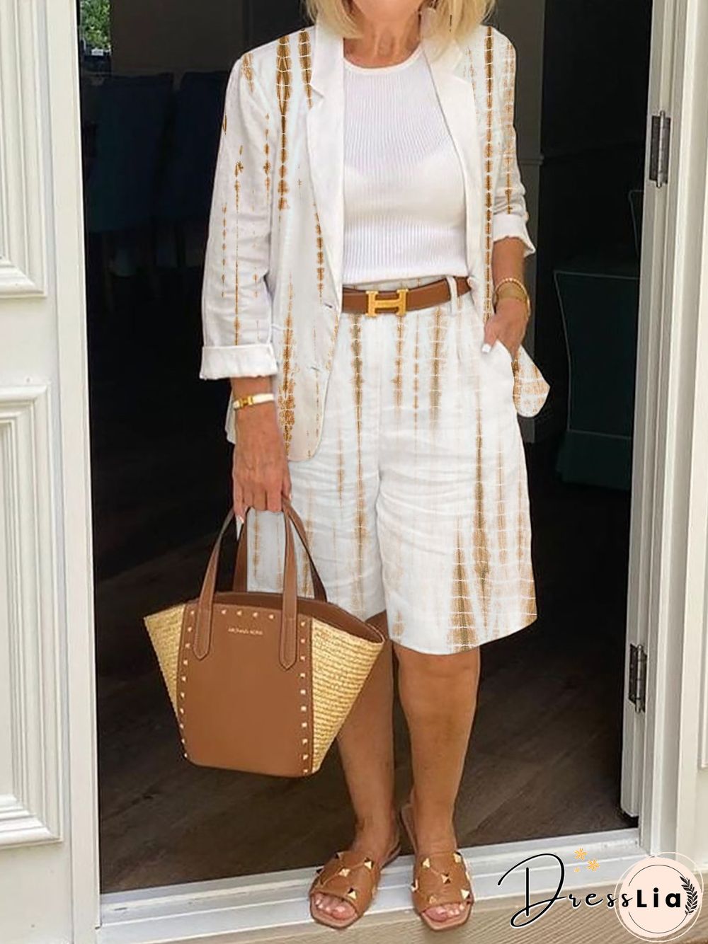 Women Printed Casual Outerwear&Shorts Set