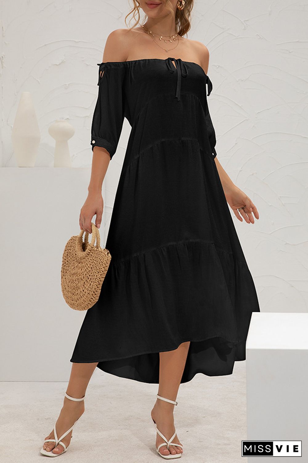 Elegant Solid Split Joint Frenulum Off the Shoulder Cake Skirt Dresses