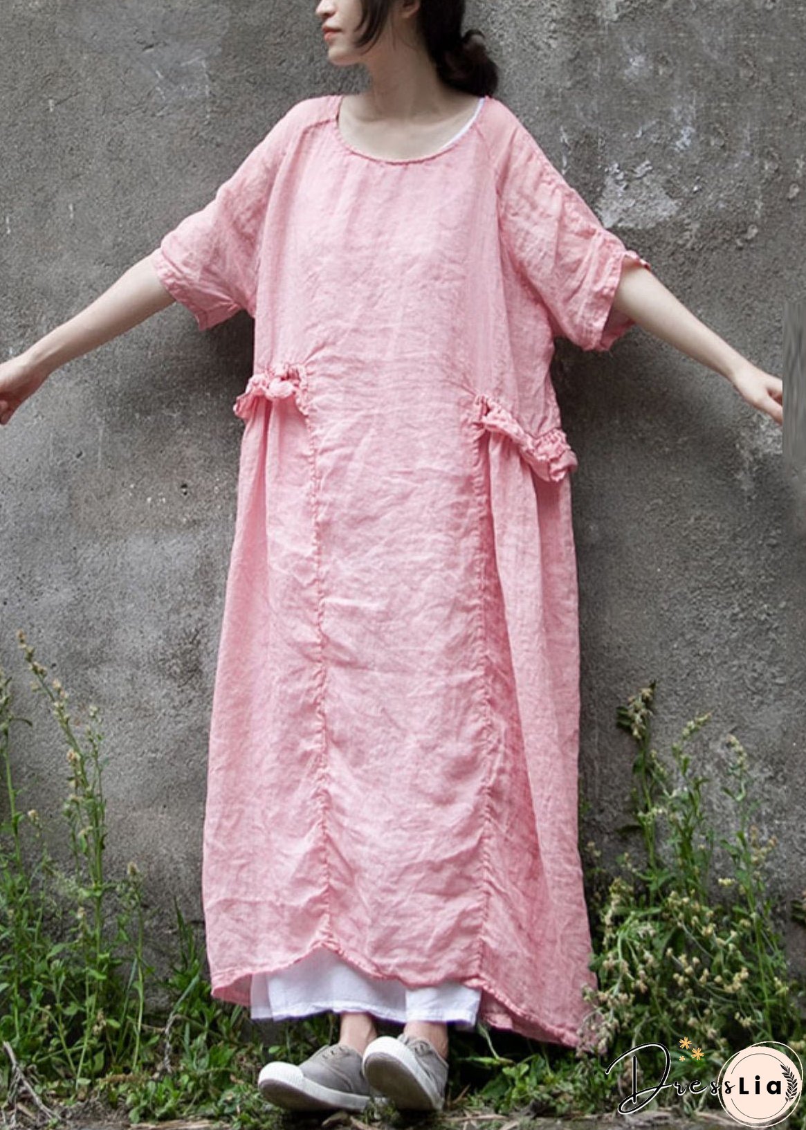 Loose Pink Ruffled Solid Linen Two Pieces Set Summer