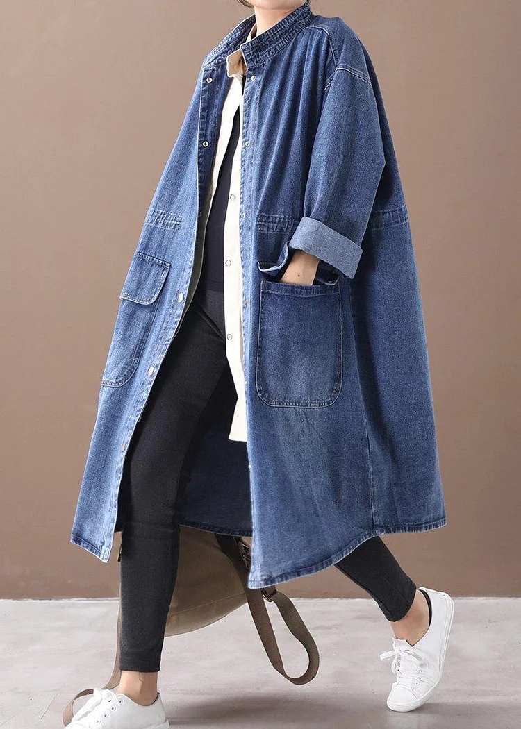 French denim blue Plus Size box coat Shape stand collar drawstring coat